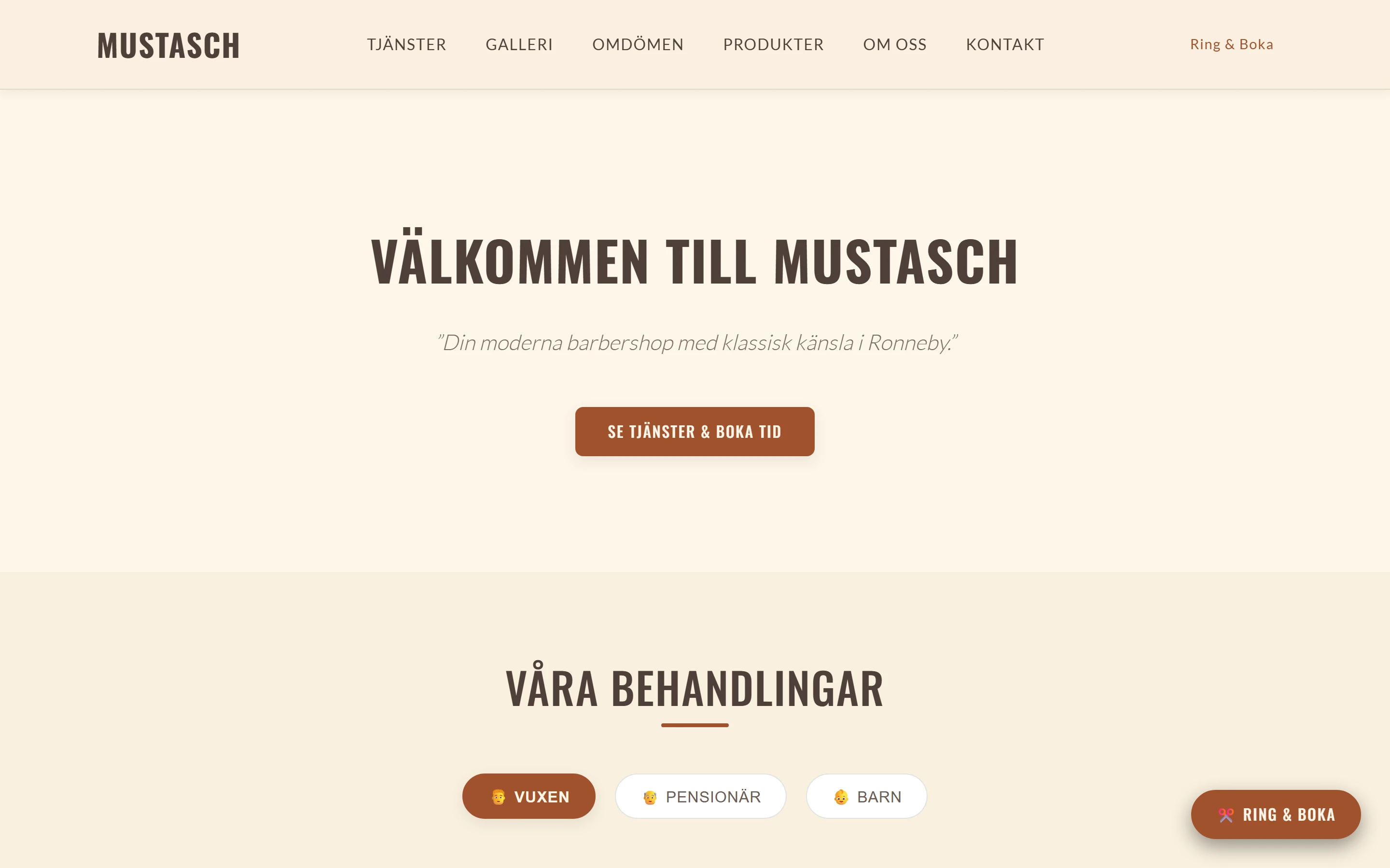Hemsida för Mustasch Salon, byggd av Sitelet