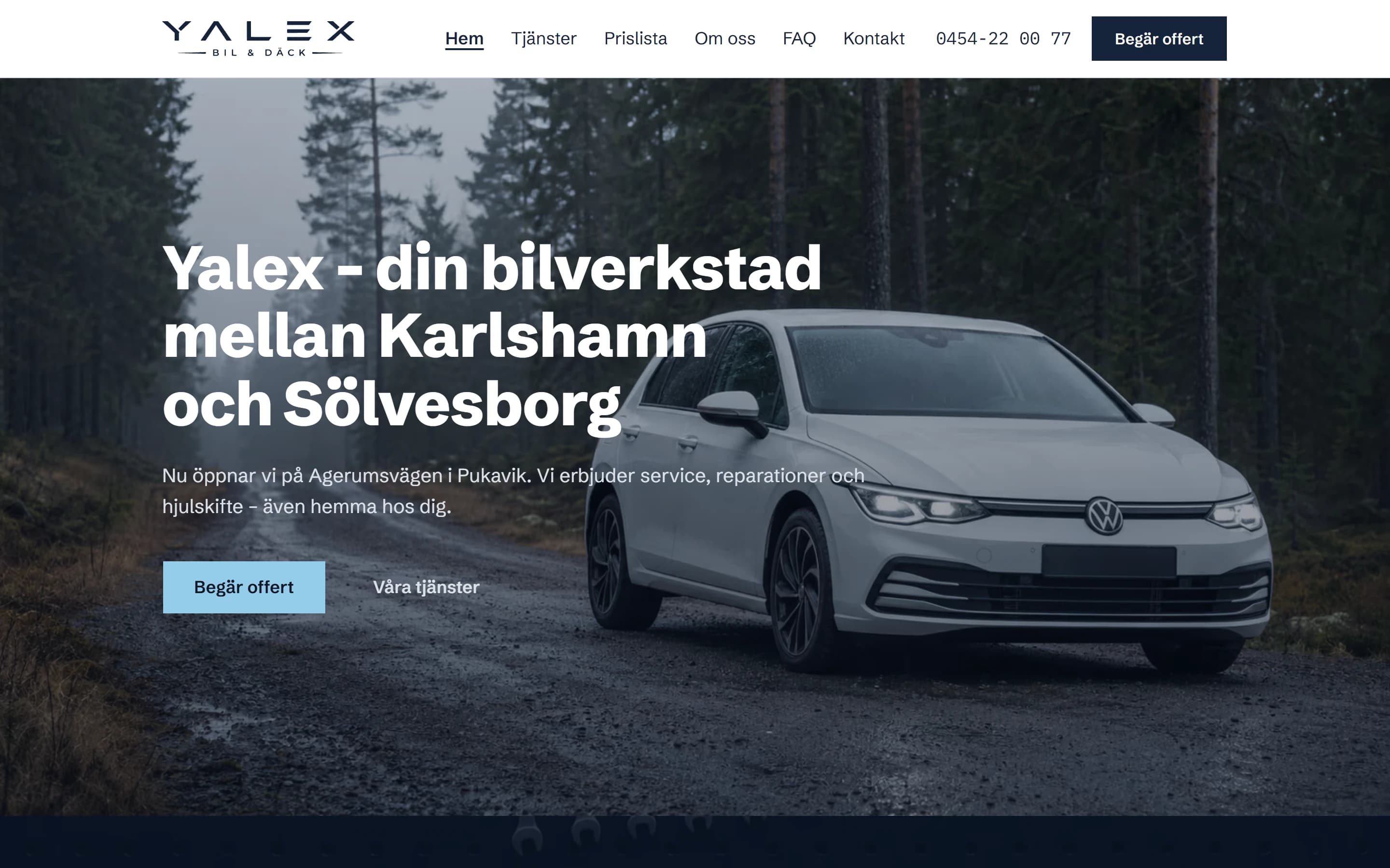 Hemsida för Yalex Bil & Däck, bilverkstad i Pukavik, byggd av Sitelet
